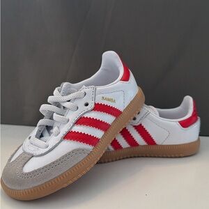 adidas Toddler Samba shoes in White, Red, and Gray